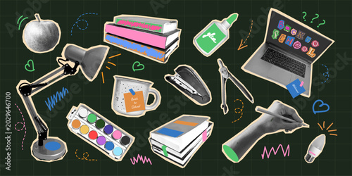 Bild auf Leinwand Back to School Collage Sticker set Halftone School Supplies Stationery Laptop Li