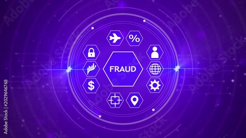 Central hexagon labeled FRAUD surrounded by for airplane percentage lock graph dollar sign location person and globe against a purple technological background with glowing lights and digital