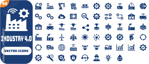 Industry 4.0 icon set featuring smart factory, automation, industrial robot, sustainable manufacturing, green energy, logistics, and production line symbols in a modern style.