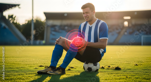 Injured male athlete with knee pain sitting on soccer ball at field