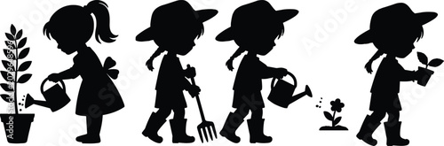 Bild auf Leinwand Set of little children silhouettes gardening featuring kids watering potted plants digging with pitchfork and carrying plant pot for backyard agriculture or farm school concept