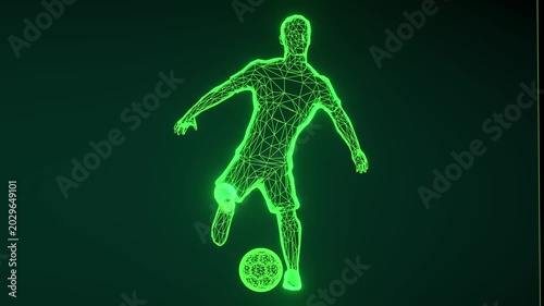 video turn 360 soccer player in action shown in a running position, with his body slightly turned to the side, appears to be made up of a polygonal pattern, giving it a 3D effect.