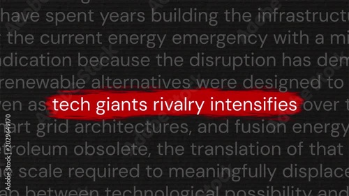 Tech giants rivalry intensifies bold red headline animation in documentary paragraph style for business and finance reporting
