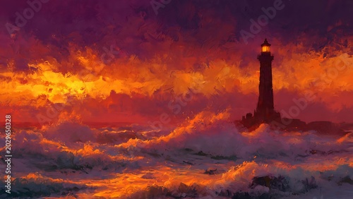 Golden sunset over lighthouse on rocky coast.