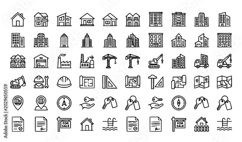 Bild auf Leinwand Minimal building line art vector set with real estate property and architecture