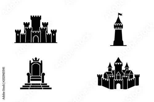 Set of four stylized black icons depicting a castle, a tower, a throne, and a fantasy fortress, symbolizing power and royalty