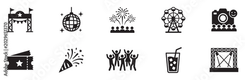 Festival and party celebration icon set. Concert stage, fireworks, disco ball, ferris wheel and amusement park entertainment symbols. Vector illustration.