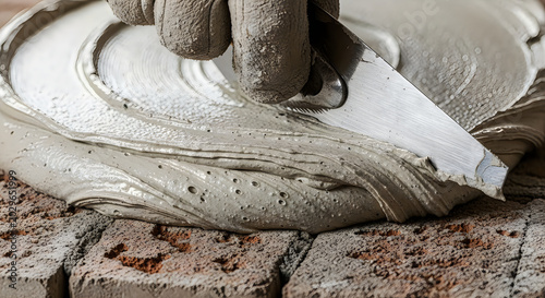 Masonry worker spreading wet cement mortar on bricks with a trowel