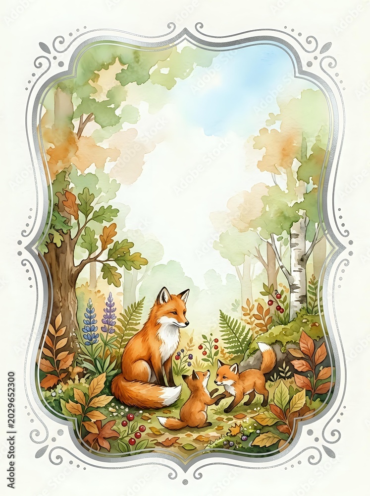 Fototapeta premium Watercolor fox family in an autumn forest glade, ornate frame with copy space, soft nature scene for nursery prints, cards, and decor.