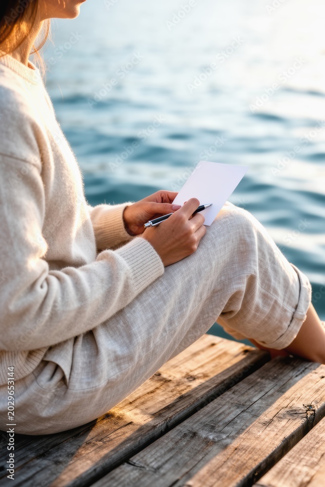 Obraz premium Woman writing note on wooden dock by calm sea at warm golden hour light