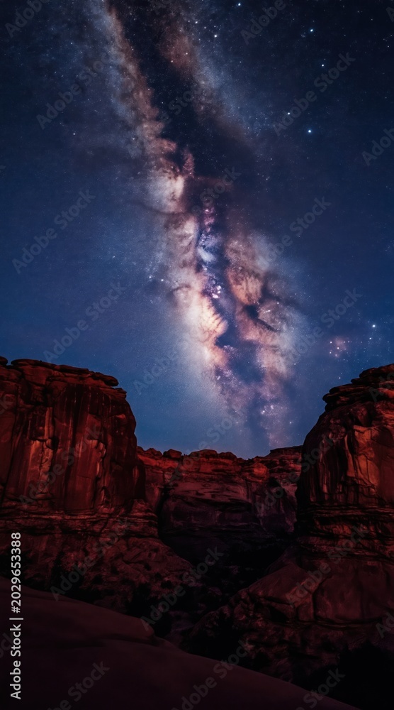 Fototapeta premium Vast Milky Way galaxy arches over dramatic red rock canyon at night. Cosmic dust clouds and stars create spectacular celestial display. Dark landscape below shows rugged desert formations.