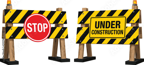 Tableau sur toile Under Construction and Stop Sign Wooden Barrier Barricade Set with Yellow Black