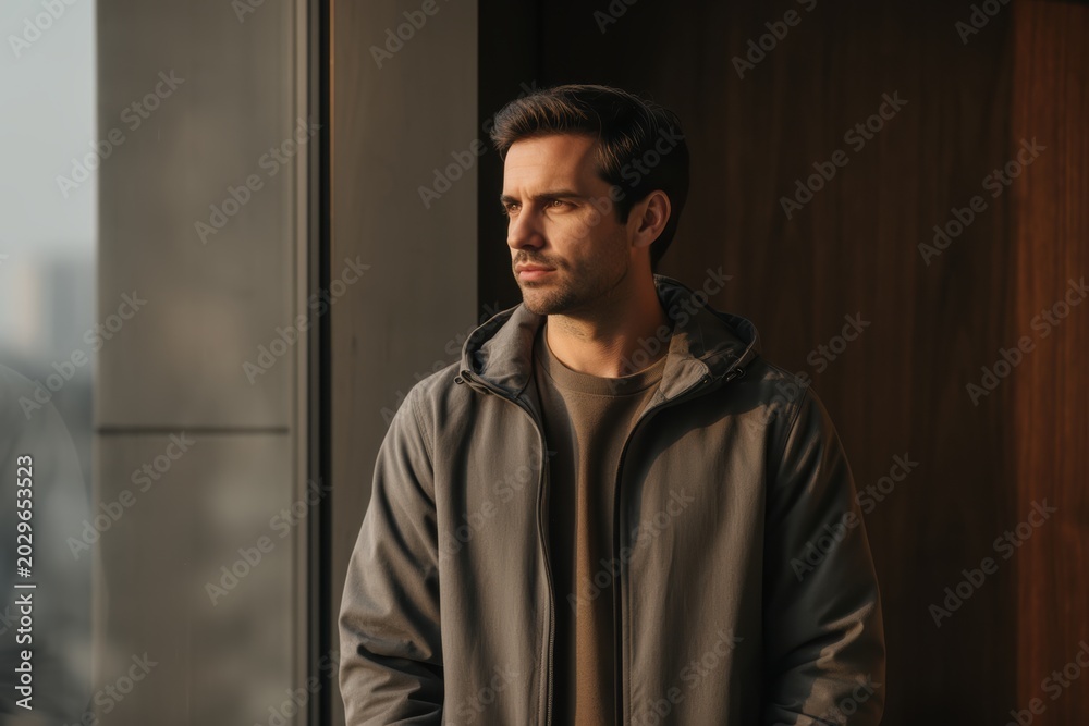 Fototapeta premium Man looking out window wearing a jacket near glass and wood backdrop in soft light
