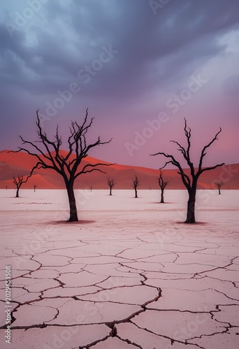  Surreal African desert scene with glowing rust-colored dunes, white cracked earth and dark skeletal acacia trees, dreamlike Sossusvlei atmosphere, realistic cinematic landscape art.