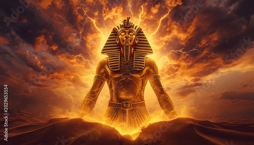 Ancient Egypt god king statue glowing in a cataclysmic dust storm background