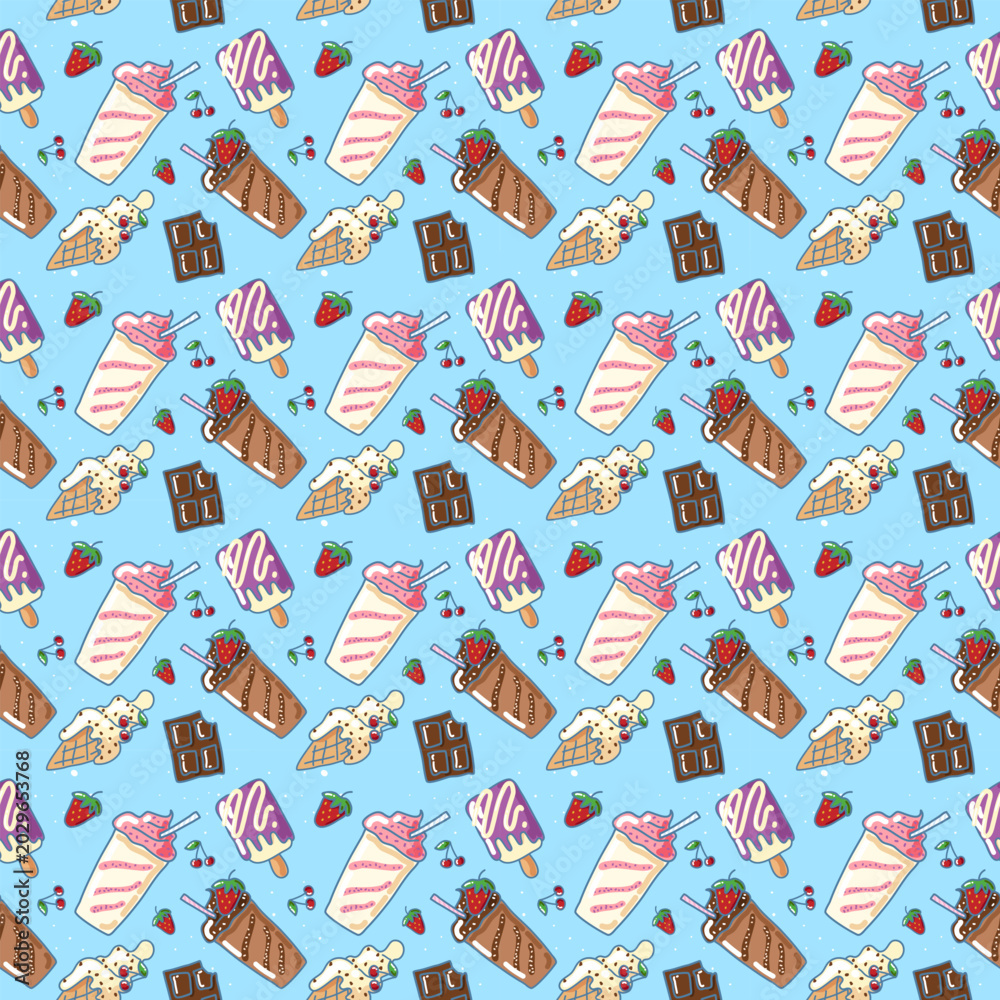 Naklejka premium Cute seamless hand drawn ice cream dessert pattern with milkshakes, popsicles, waffle cones, chocolate bars, strawberries and cherries on blue background. Kawaii style illustration for ice cream kiosk