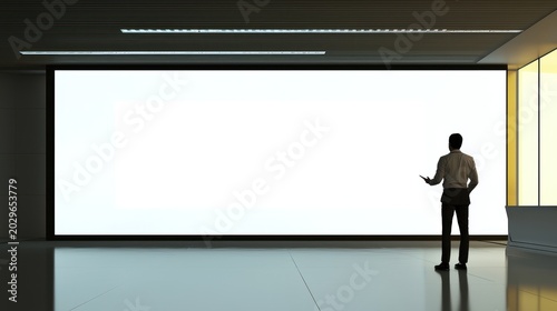 Businessman standing in front of large blank screen