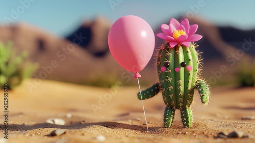 Adorable anthropomorphic cactus character with floral bloom, holding a pink balloon, slowly swaying in a whimsical desert landscape, symbolizing resilience, joy, and simple pleasures in challenging