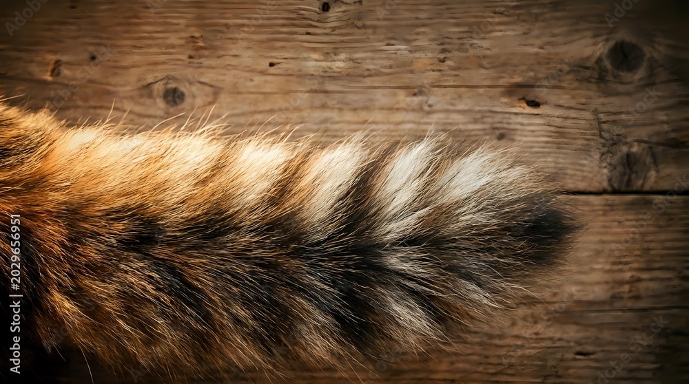 Fototapeta premium Fluffy fox tail with brown, black, and white fur lying on a rustic wooden surface, showcasing natural animal texture and detail.