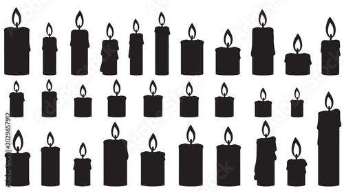 Photos Candles set with black silhouettes and flames in repeating pattern featuring wax