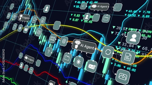 AI agent artificial intelligence stock market analysis smart trading strategy, financial investment, business growth portfolio, and futuristic automated economic concept