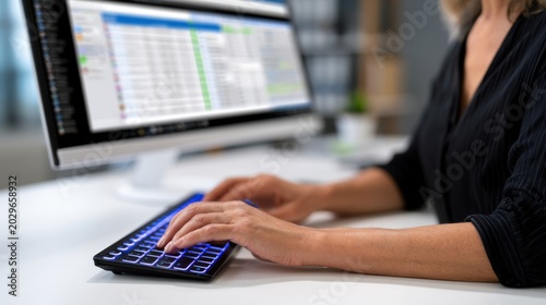 Female office worker typing on a backlit keyboard in front of a computer monitor displaying data and spreadsheets in a modern workspace environment