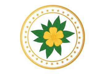 Yellow flower with green leaves in decorative circular frame