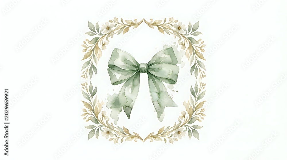 Fototapeta premium Watercolor sage green bow with golden botanical wreath frame on white background, isolated clipart for wedding invitations and holiday decorations.