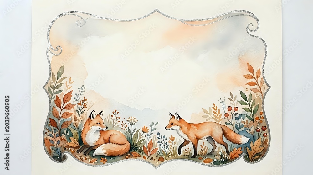 Fototapeta premium Watercolor autumn forest frame with cute foxes, fall foliage and decorative border on transparent background for seasonal design projects.