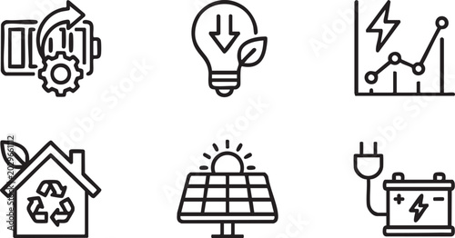 Green Energy Solar Panels and Eco House Line Icons