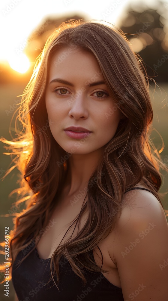 Fototapeta premium Young woman with long wavy hair in golden hour outdoor portrait with natural glow