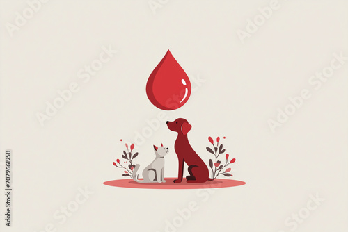 Minimalist Illustration of Dog and Cat Sitting Together Under Glossy Blood Drop with Plants on Beige Background