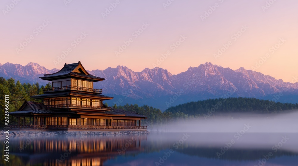 Obraz premium A serene reflection of a traditional structure on tranquil water with mountains in the background