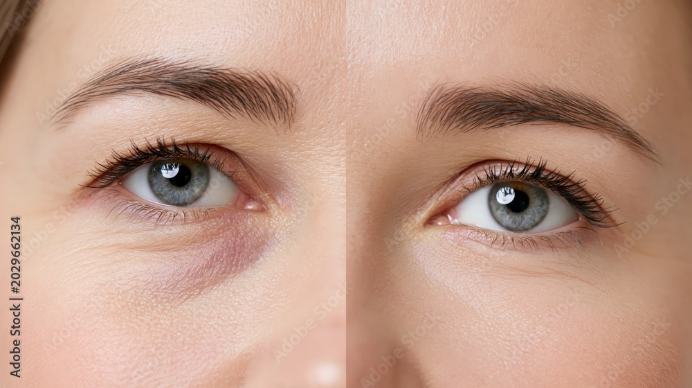Naklejka premium An under eye treatment before and after split showing dark hollow under eye circles on the left and a brightened refreshed luminous appearance on the right.
