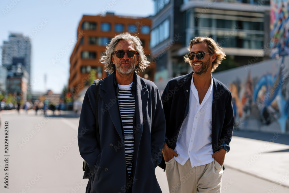 Fototapeta premium Well Dressed+ Gay Couple Strolling Through Vibrant Urban Environment, Fashionable Style and Shared Enjoyment, Friendship and Urban Exploration, Lively City Atmosphere with Modern Architecture