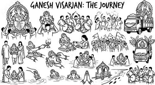 Bild auf Leinwand Ganesh Visarjan Hindu Festival Journey: Black  White Line Art Illustration of De