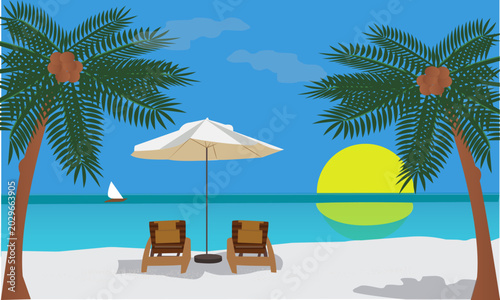 A tropical beach with palm trees and two sun loungers