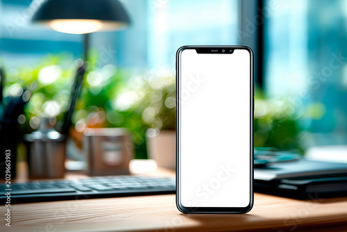 Blank smartphone mockup standing on office desk with blurred background