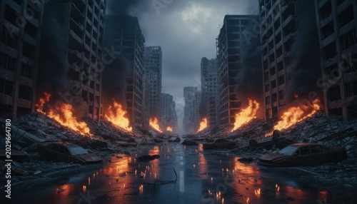 Ruined city street lined with burning high rise buildings and destroyed cars under dark overcast sky