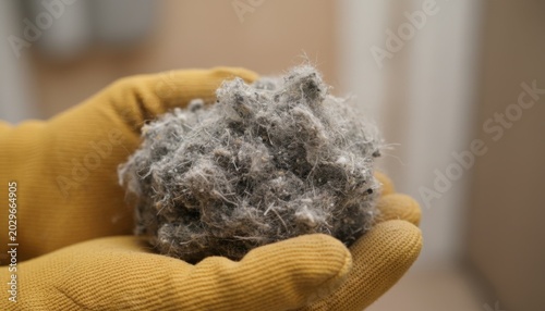 Hands in yellow knit work gloves hold a sample chunk of gray fibrous cellulose insulation material in a bright indoor setting
