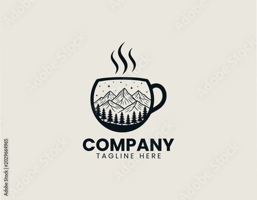 Camping Mug Forest Night Minimalist Black Vector Logo Outdoor Coffee Nature Design