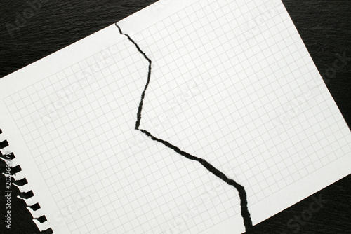A sheet of squared paper torn in half, macro. Top view.
