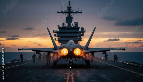 Rear view of military fighter aircraft on carrier flight deck with glowing engines at dusk with ship tower behind