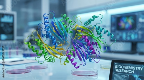 Glowing 3D protein structure model in pharmaceutical lab, computational proteomics drug discovery