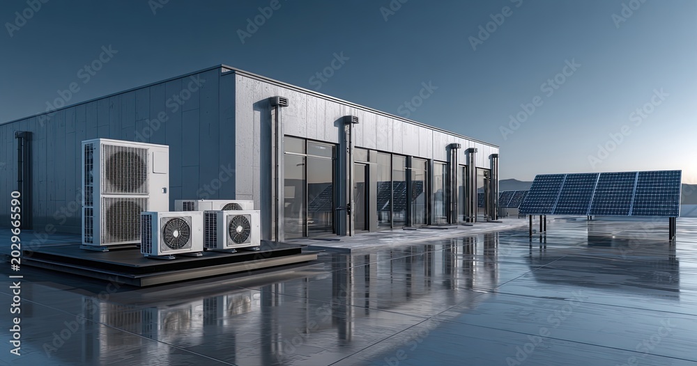 Fototapeta premium Modern building with rooftop HVAC units and solar panels under a clear sky