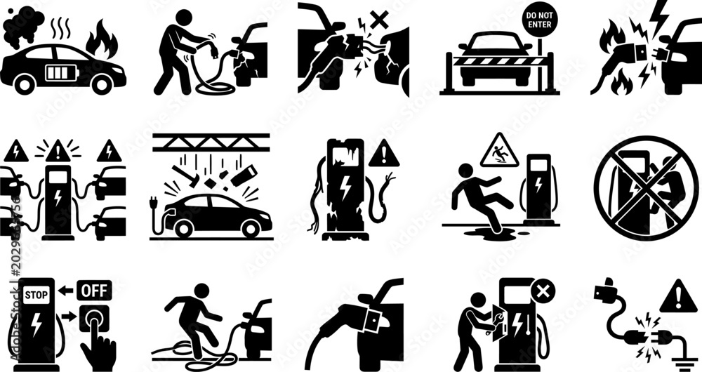 Obraz premium Electrical Vehicle and Road Safety Warning Silhouette Collection