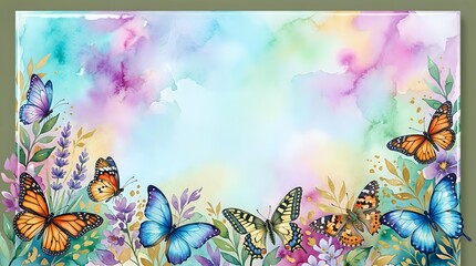 Watercolor frame with colorful butterflies and wildflowers on pastel background, copy space for text, spring nature border design.