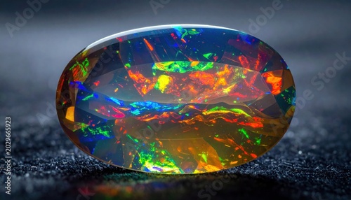 Polished oval black opal gemstone showcasing vibrant play of color with fiery orange red green and blue flashes