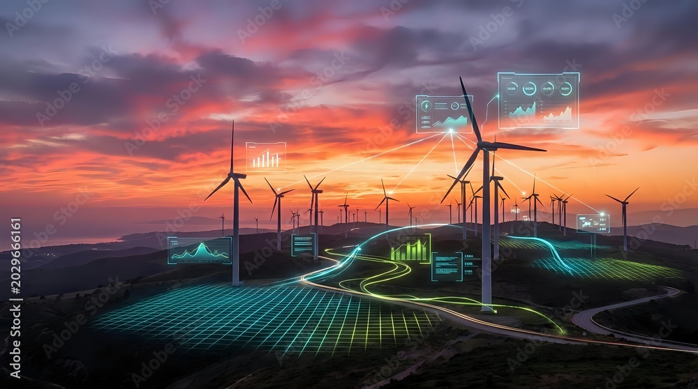 Fototapeta Wind turbines generating renewable energy with digital grid overlay and data analytics display at dramatic sunset sky over rolling landscape.
