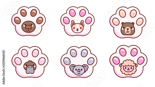 Canvas Print Cute kawaii paw prints with animal faces inside vector illustration set isolated